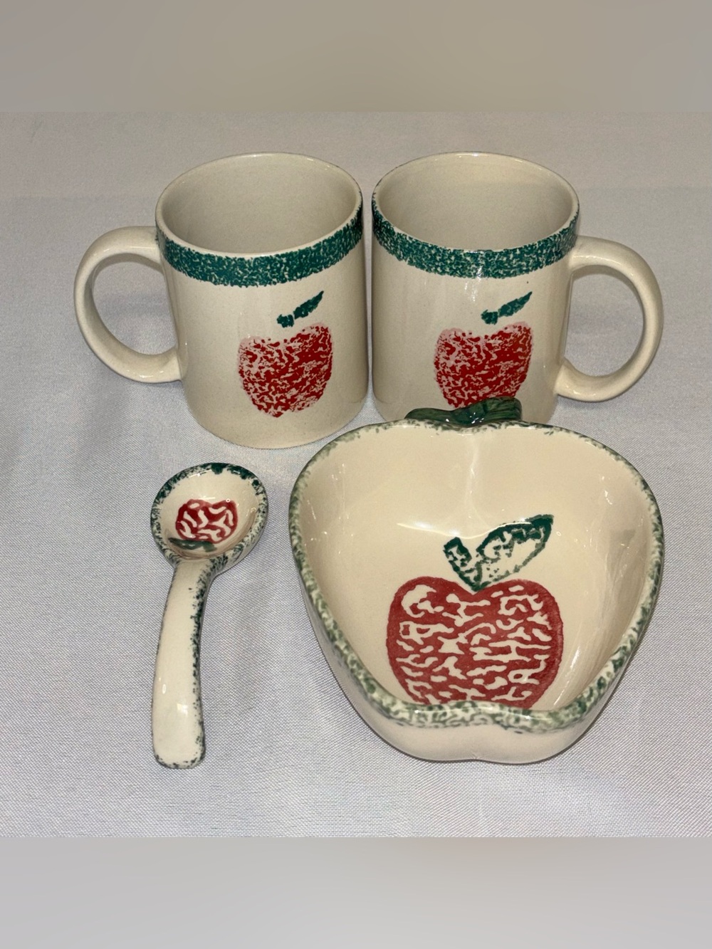 Vintage Country Apple Spongeware Ceramic Mugs & Dip Bowl Set Farmhouse Decor